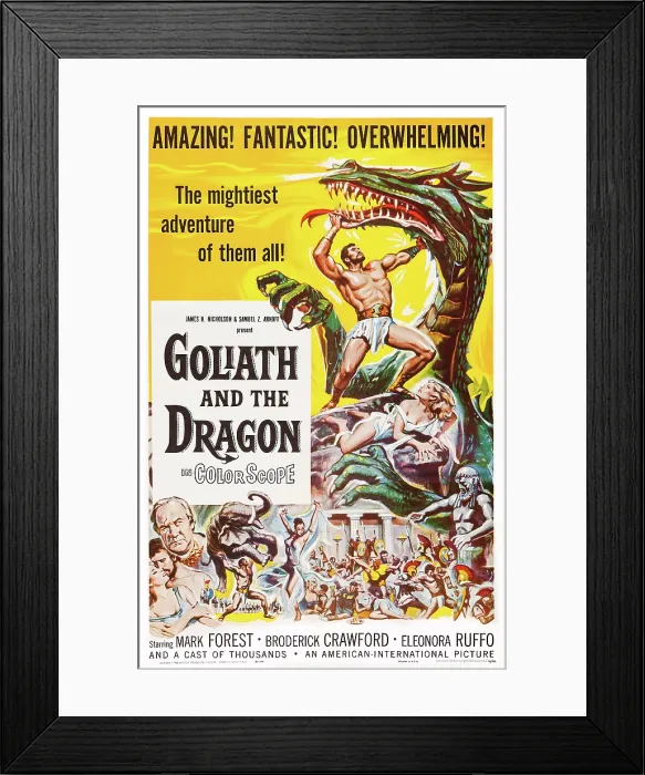 Framed Print : GOLIATH AND THE DRAGON, (aka LA VENDETTA DI ERCOLE), top: Mark Forest, bottom l-r: Leonora Ruffo (aka Eleanora Ruffo), Mark Forest, Broderick Crawford on poster art, 1960