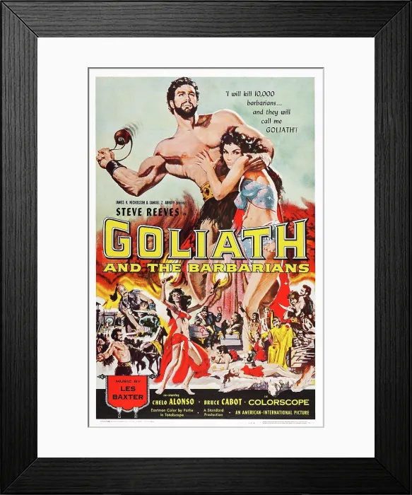 Framed Print : GOLIATH AND THE BARBARIANS, (aka IL TERRORE DEI BARBARI), US poster, top from left: Steve Reeves, Chelo Alonso, 1959