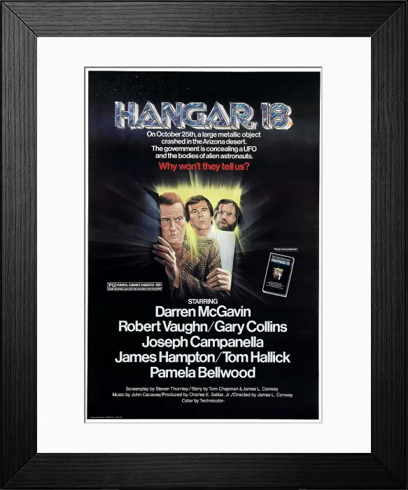 Framed Print : HANGAR 18, US poster, Darren McGavin (far left), Tom Hallick (second left), 1980, Sunn Classic Pictures / courtesy Everett Collection Framed Print : HANGAR 18, US poster, Darren McGavin (far left), Tom Hallick (second left), 1980, Sunn Classic Pictures / courtesy Everett Collection