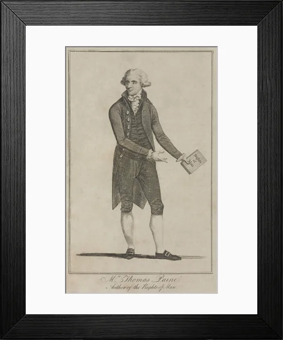 Framed Print : Thomas Paine, the author of The Rights of Man. Full length portrait depicts the British-American writer, holding and gesturing to his 1791 book Framed Print : Thomas Paine, the author of The Rights of Man. Full length portrait depicts the British-American writer, holding and gesturing to his 1791 book