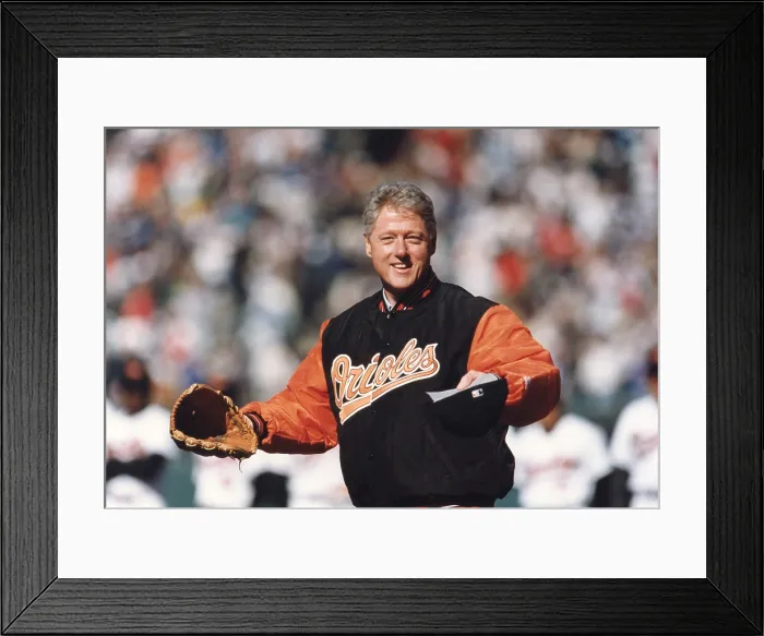 Framed Print : President Bill Clinton throwing out the first pitch of the Major League Season at Orioles Park at Camden Yards