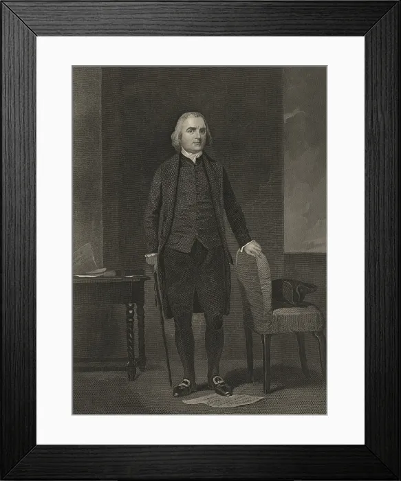 Framed Print : Boston patriot Samuel Adams stands on a paper inscribed with Gen. Gage, Except Rebels, Sam Adams, and Hancock