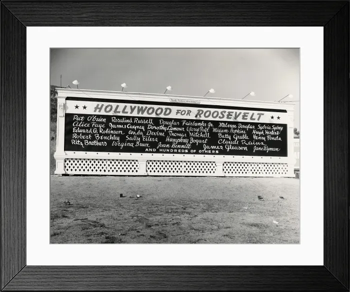 Framed Print : Hollywood for Roosevelt. Billboard with signatures of movie stars for FDR in 1940. Signatories include Humphrey Bogart, Rosalind Russell, Henry Fonda and Betty Grable Framed Print : Hollywood for Roosevelt. Billboard with signatures of movie stars for FDR in 1940. Signatories include Humphrey Bogart, Rosalind Russell, Henry Fonda and Betty Grable