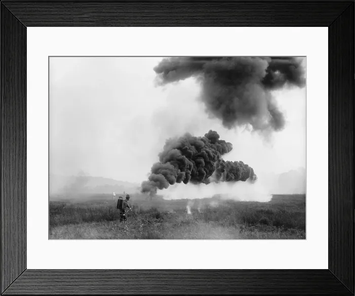 Framed Print : U.S. Army soldier, in training with a flame-thrower in 1917-18. (BSLOC_2013_5_154)