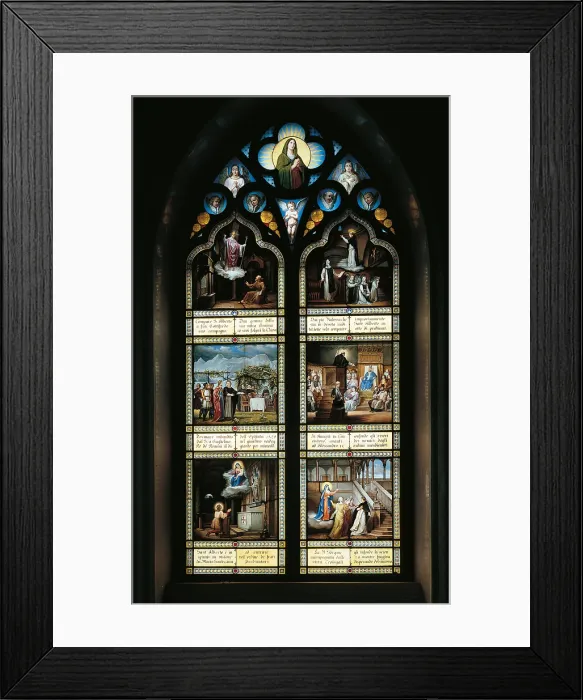 Framed Print : Stained glass windows with Stories of St Albert, by Pietro Bagatti Valsecchi, 1884, 19th Century, - Italy, Piemonte, Cuneo, Racconigi, Margherite Chapel, in the Castles Park. All