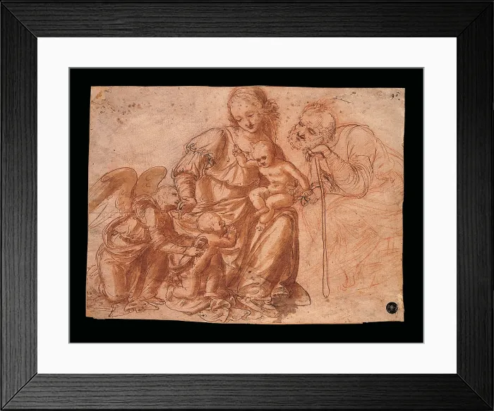 Framed Print : Holy Family with young St John and an angel, by Marco dOggiono, 16th Century, red ink and water wash, - Italy, Veneto, Venice, Accademia Art Galleries Framed Print : Holy Family with young St John and an angel, by Marco dOggiono, 16th Century, red ink and water wash, - Italy, Veneto, Venice, Accademia Art Galleries