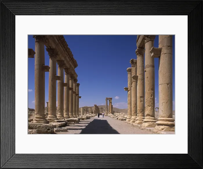 Framed Print : Great columnade, 2nd Century a.C. about 1100 m, pavement 11 m - Syria, Palmyra. Detail. Overall view of the columned way from the monumental Arch Framed Print : Great columnade, 2nd Century a.C. about 1100 m, pavement 11 m - Syria, Palmyra. Detail. Overall view of the columned way from the monumental Arch