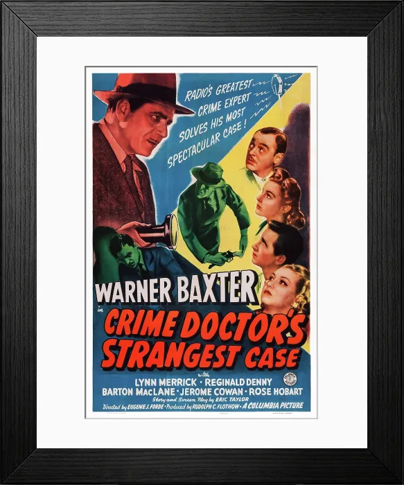 Framed Print : THE CRIME DOCTOR'S STRANGEST CASE, US poster art, clockwise from left, Warner Baxter, Jerome Cowan, Lynn Merrick, Lloyd Bridges, Gloria Dickson, 1943