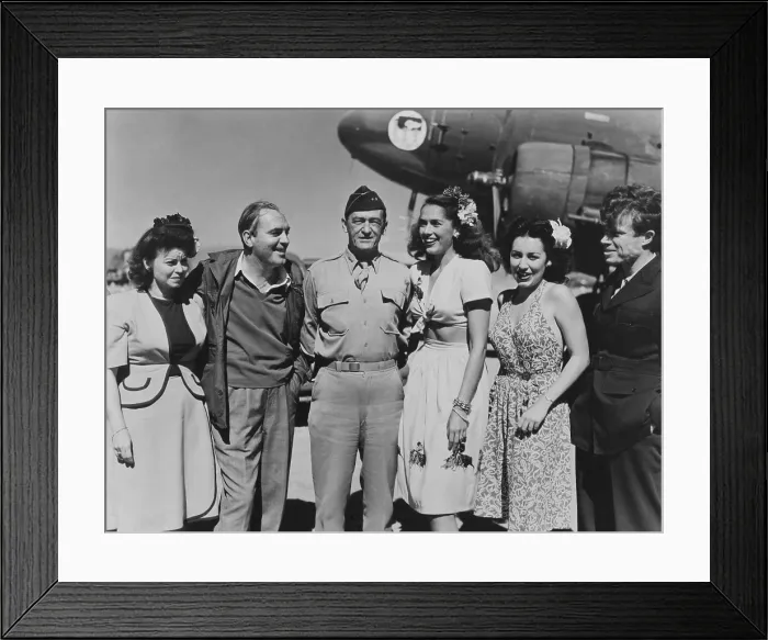 Framed Print : General Claire L. Chennault with USO entertainers in Kunming, China, October 26, 1944 Framed Print : General Claire L. Chennault with USO entertainers in Kunming, China, October 26, 1944
