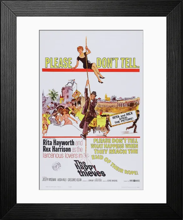 Framed Print : THE HAPPY THIEVES, US poster, center from top: Rita Hayworth, Rex Harrison, 1961