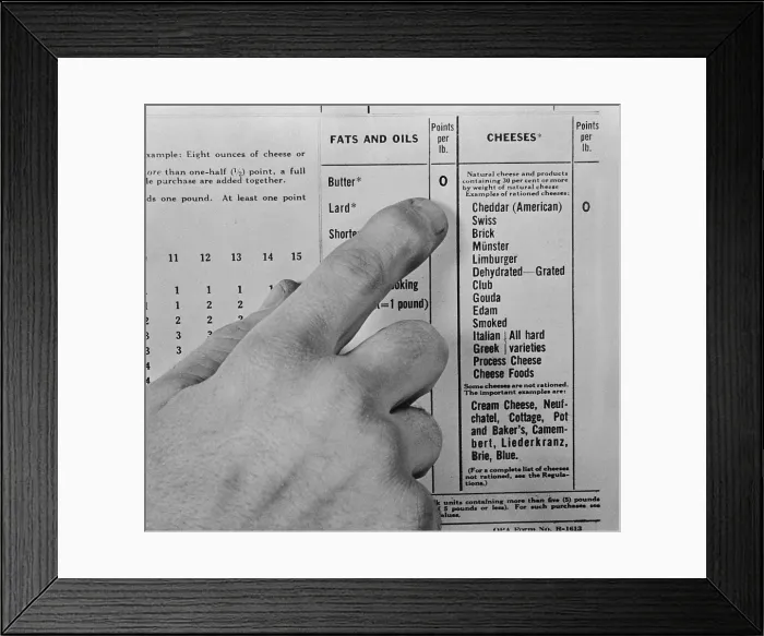 Framed Print : High ration point values on butter, lard, margarine, edible fats and oils discouraged use. World War 2, March 1943. (BSLOC_2013_14_165)