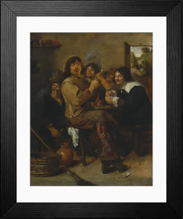 Framed Print : THE SMOKERS, by Adriaen Brouwer, 1636, Dutch painting, oil on wood. Brouwer himself sits in the center, with the still-life painter Jan de Heem smiling at right Framed Print : THE SMOKERS, by Adriaen Brouwer, 1636, Dutch painting, oil on wood. Brouwer himself sits in the center, with the still-life painter Jan de Heem smiling at right