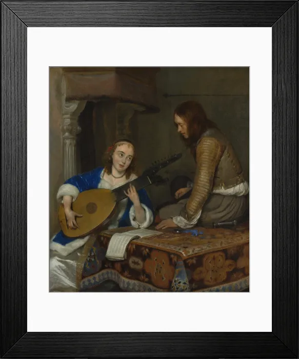 Framed Print : WOMAN PLAYING THEORBO LUTE AND A CAVALIER, by Gerard ter Borch the Younger, 1658, Dutch painting. Courtship scene with a woman playing a theorbo as the man sings Framed Print : WOMAN PLAYING THEORBO LUTE AND A CAVALIER, by Gerard ter Borch the Younger, 1658, Dutch painting. Courtship scene with a woman playing a theorbo as the man sings