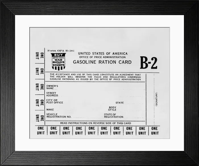 Framed Print : Gasoline ration card B2 for American workers who needed extra gasoline during World War 2. There were A, B1, B2, and B3 cards issued by rationing authorities from 1942-1945