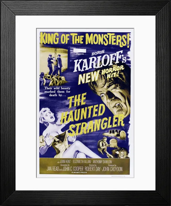 Framed Print : THE HAUNTED STRANGLER, (aka GRIP OF THE STRANGLER), US poster art, Boris Karloff (top right), Vera Day (bottom left), 1958