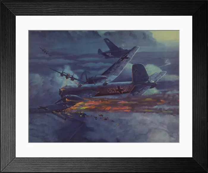 Framed Print : World War 2 German heavy bomber in flight with wing on fire. Heinkel HE - 177 Heavy Bomber is under attack by three U.S. Air Force planes. Reproduction of a painting by Charles H
