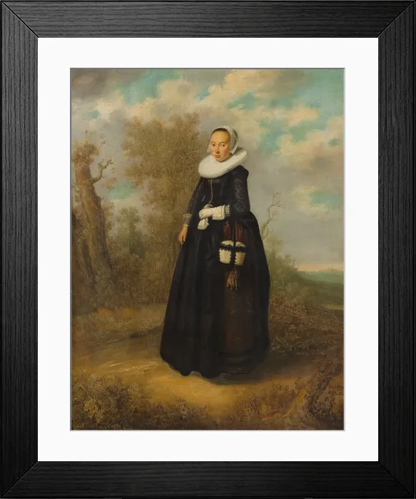 Framed Print : A YOUNG WOMAN IN A LANDSCAPE, 1636, Dutch painting, oil on wood. This is an unusual portrait of a woman in a landscape instead of the typical neutral flat background