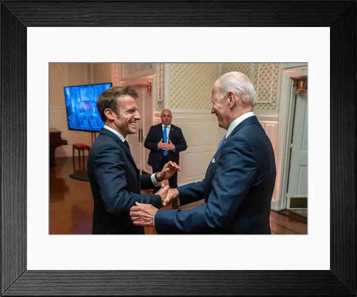 Framed Print : President Joe Biden greets French President Emmanuel Macron, Sept. 21, 2022, at the Global Fund Seventh Replenishment Conference in New York