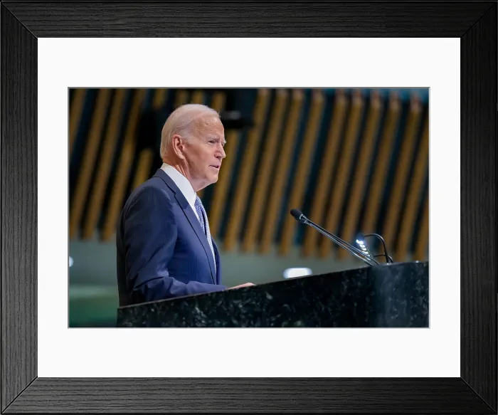 Framed Print : President Joe Biden speaks before the 77th Session of the United Nations General Assembly, Sept. 21, 2022, at the UN Headquarters in New York Framed Print : President Joe Biden speaks before the 77th Session of the United Nations General Assembly, Sept. 21, 2022, at the UN Headquarters in New York