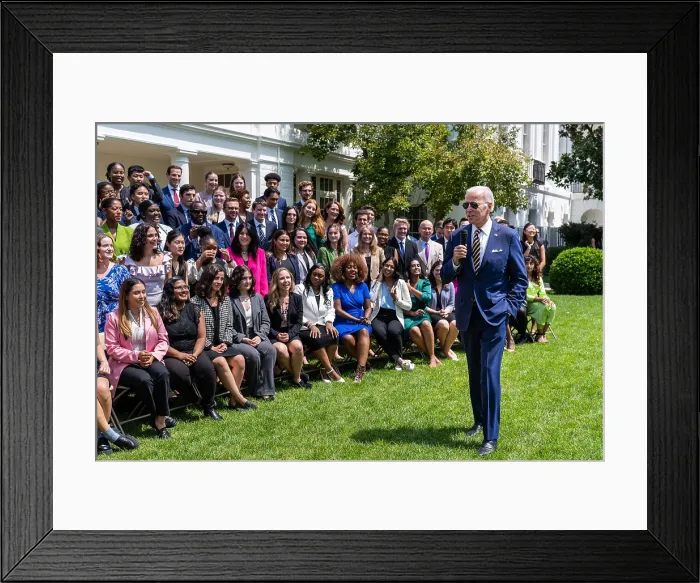 Framed Print : President Joe Biden addresses the 2022 Summer Internship class, Aug. 10, 2022, in the White House Rose Garden. (BSLOC_2022_7_37)