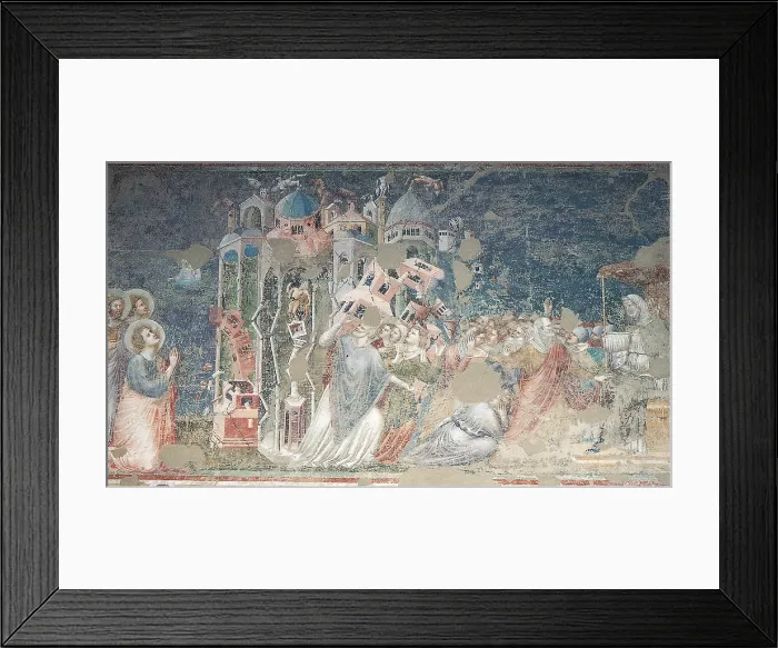 Framed Print : Earthquake in Ephesus, by the Master of the Choir of Saint Augustin, 1318, 14th Century, fresco - Italy, Emilia Romagna, Rimini, church of Saint Augustin. Whole artwork view