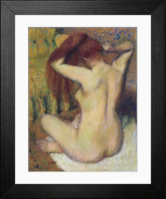 Framed Print : Woman Combing Her Hair, by Edgar Degas, 1888-90, French impressionist drawing, pastel on paper. Degas modeled the figure's pink flesh with chartreuses and greens Framed Print : Woman Combing Her Hair, by Edgar Degas, 1888-90, French impressionist drawing, pastel on paper. Degas modeled the figure's pink flesh with chartreuses and greens