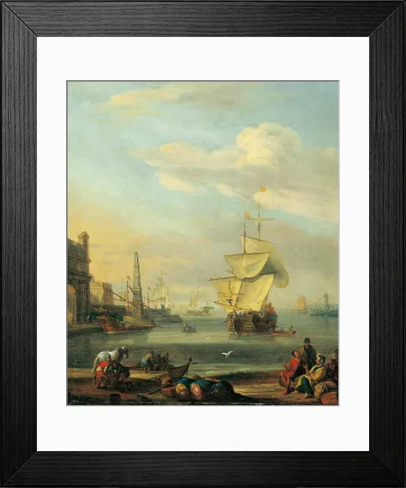 Framed Print : Mediterranean Harbour, by Abraham Storck and unknown helpers, 17th Century, oil on canvas brought onto panel, 47 x 56 cm - Italy, Lombardy, Milan, Castello Sforzesco