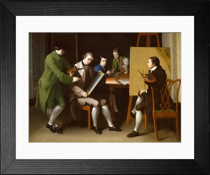 Framed Print : THE AMERICAN SCHOOL, by Matthew Pratt, 1765, American Colonial painting, oil on canvas. Anglo American painter Benjamin West is stands at the far left in his London studio