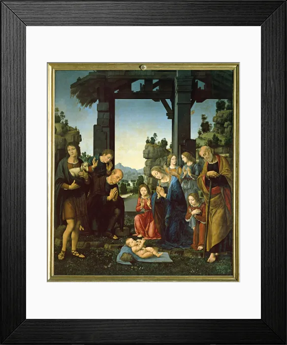 Framed Print : Adoration of the Child (Adorazione del Bambino), by Lorenzo di Credi, 1480 - 1520, 15th or 16th Century, oil on panel, 224 x 196 cm - Italy, Tuscany, Florence, Uffizi Gallery