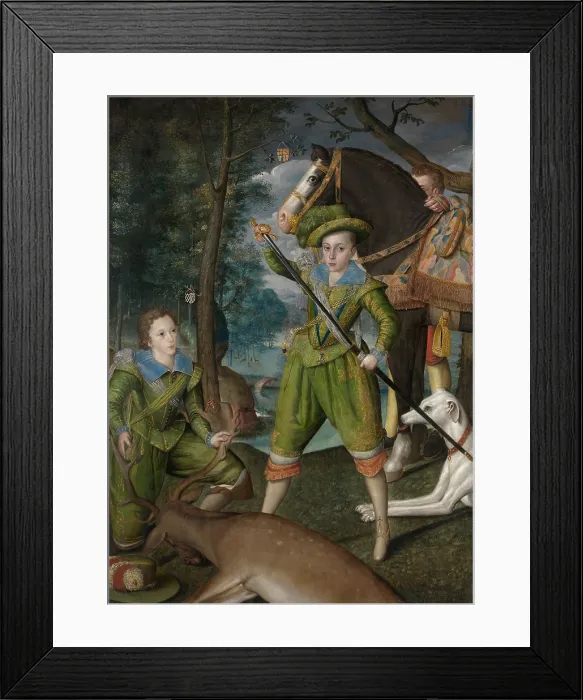 Framed Print : PRINCE OF WALES, HUNTING WITH SIR JOHN HARINGTON, by Robert Peake the Elder, 1603, British painting Framed Print : PRINCE OF WALES, HUNTING WITH SIR JOHN HARINGTON, by Robert Peake the Elder, 1603, British painting