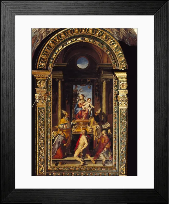 Framed Print : Virgin with Child on a throne and saints, by Bartolomeo Passarotti, also known as Passerotti, 1560 - 1565, 16th Century, oil on board, 300 x 200 cm - Italy, Emilia Romagna Framed Print : Virgin with Child on a throne and saints, by Bartolomeo Passarotti, also known as Passerotti, 1560 - 1565, 16th Century, oil on board, 300 x 200 cm - Italy, Emilia Romagna