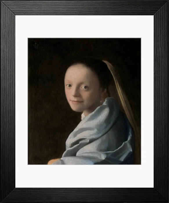 Framed Print : STUDY OF A YOUNG WOMAN, by Johannes Vermeer, 1665-67, Dutch painting, oil on canvas. The sitters face is turned toward the artist, and she wears a antique costume