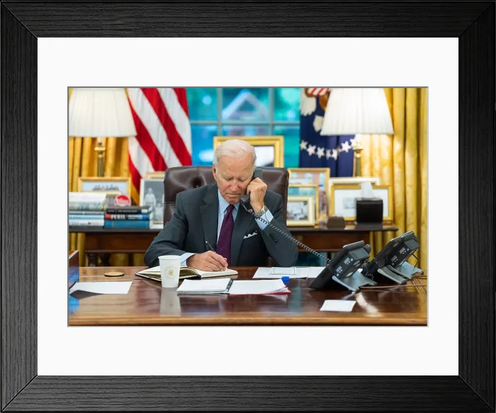 Framed Print : President Joe Biden in a telephone call with Volodymyr Zelensky, Oct. 4, 2022. Biden pledged the US will never recognize Russia's purported annexation of Ukrainian territory Framed Print : President Joe Biden in a telephone call with Volodymyr Zelensky, Oct. 4, 2022. Biden pledged the US will never recognize Russia's purported annexation of Ukrainian territory