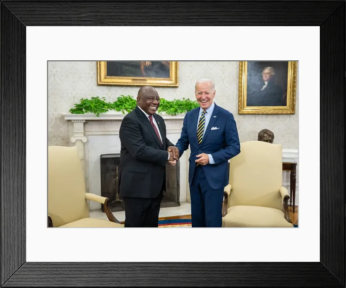 Framed Print : President Joe Biden greets South African President Cyril Ramaphosa. As an anti-Apartheid and labor activist, he served time in prison in the 1970s Framed Print : President Joe Biden greets South African President Cyril Ramaphosa. As an anti-Apartheid and labor activist, he served time in prison in the 1970s