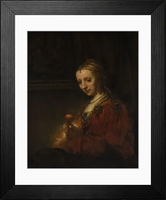 Framed Print : WOMAN IN PINK, by Rembrandt, 1660-69, Dutch painting, oil on canvas. This is believed to be Elizabeth Delft, wife of Pieter Haringh