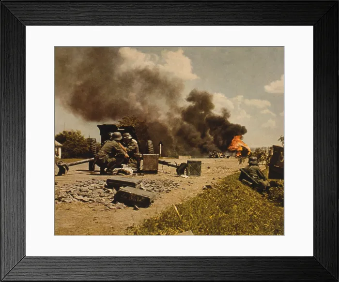 Framed Print : German anti-tank gun team on road with a flaming tank in background. Ca. 1939-45. World War 2 in Russia. (BSLOC_2013_14_19)