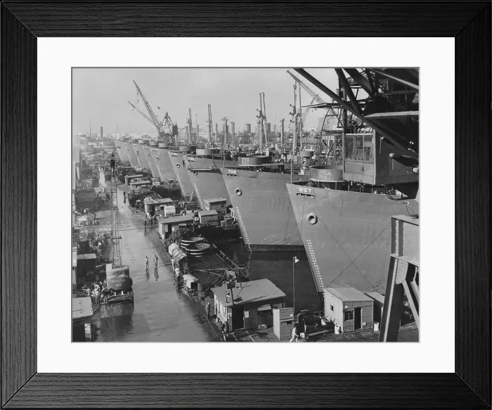 Framed Print : Nine huge Liberty cargo ships at docks of California Shipbuilding Corporation. Los Angeles, Dec. 4, 1943. World War 2. (BSLOC_2013_14_197)