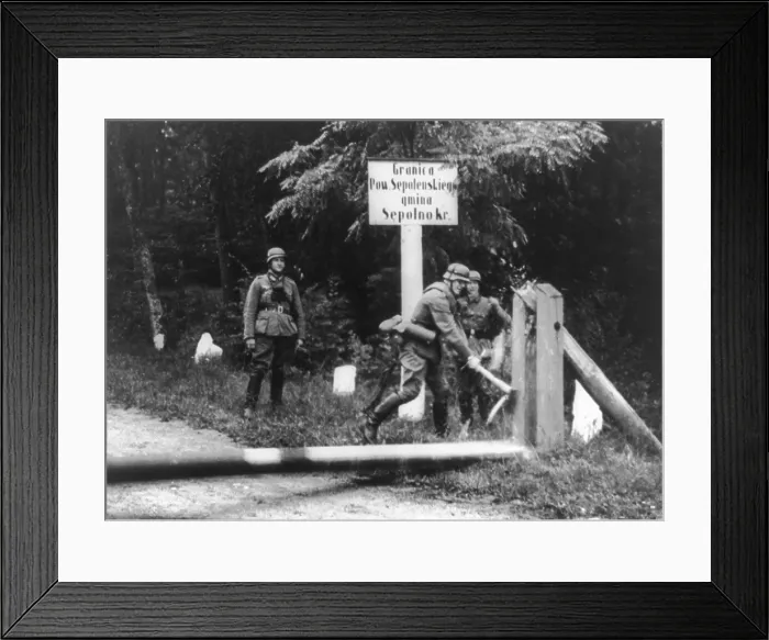 Framed Print : German Soldiers removing barriers at the Polish border in Sept. 1939. The Nazi invasion started World War 2 in Europe. (BSLOC_2013_14_2) Framed Print : German Soldiers removing barriers at the Polish border in Sept. 1939. The Nazi invasion started World War 2 in Europe. (BSLOC_2013_14_2)