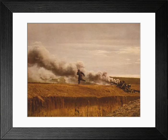 Framed Print : Three German anti-tank gun soldiers on hill, with smoke from flaming vehicle (tank?) in background. Ca. 1939-45. World War 2 in Russia. (BSLOC_2013_14_20)