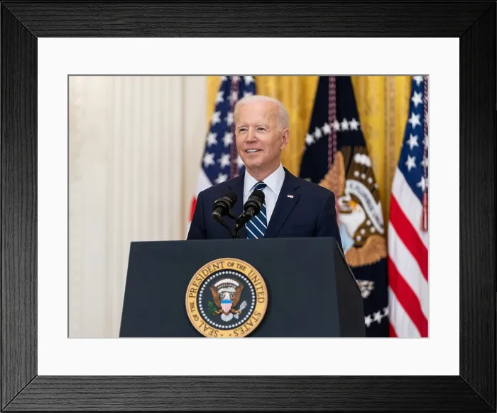 Framed Print : President Joe Biden at the podium during his first official press conference Thursday, March 25, 2021, in the East Room of the White House (BSLOC_2021_8_1) Framed Print : President Joe Biden at the podium during his first official press conference Thursday, March 25, 2021, in the East Room of the White House (BSLOC_2021_8_1)