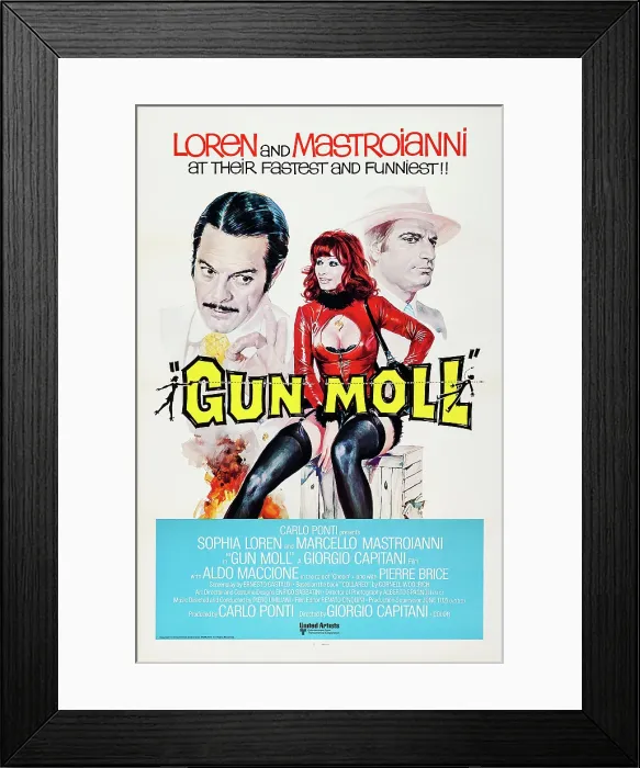 Framed Print : GUN MOLL, (aka LA PUPA DEL GANGSTER), US poster art, from left: Marcello Mastroianni, Sophia Loren, Aldo Maccione, 1975