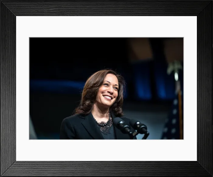 Framed Print : Vice President Kamala Harris smiles as she speaks at the 40th Annual Black History Month Virtual Celebration, Feb. 27, 2021 (BSLOC_2021_8_12)