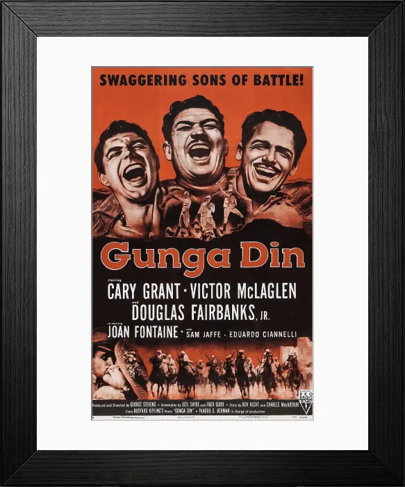Framed Print : GUNGA DIN, top l-r: Cary Grant, Victor McLaglen, Douglas Fairbanks Jr. on poster art, 1939