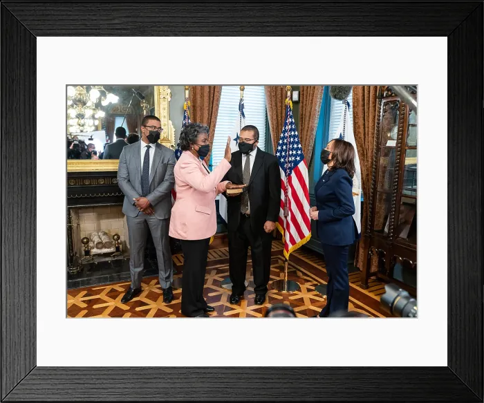 Framed Print : Linda Thomas-Greenfield is sworn in as US Ambassador to the United Nations by Vice President Kamala Harris, Feb. 24, 2021