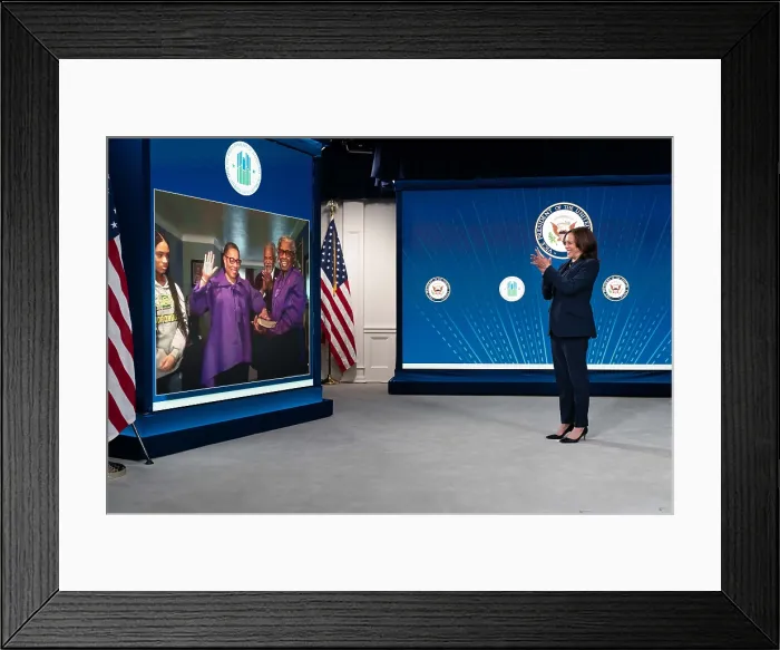Framed Print : Marcia Fudge is sworn in as Secretary of Housing and Urban Development in a virtual ceremony officiated by Vice President Kamala Harris, March 10, 2021