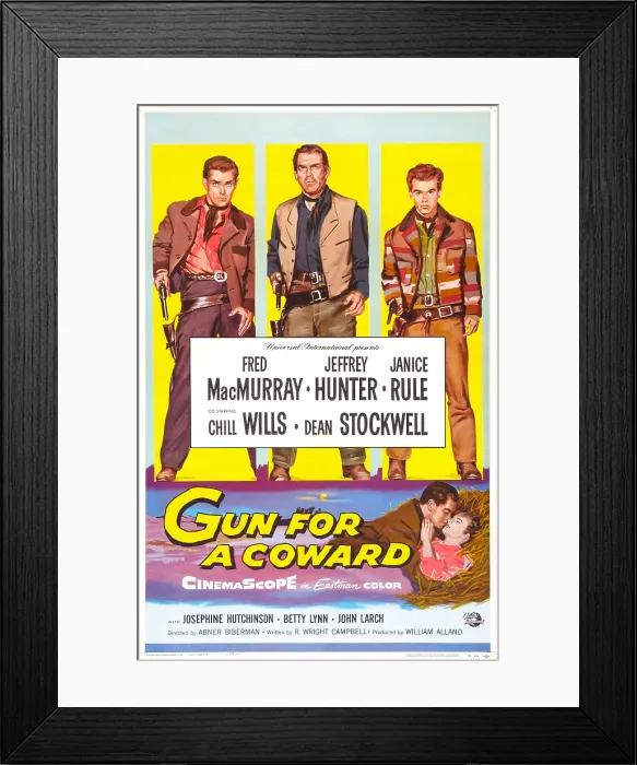 Framed Print : GUN FOR A COWARD, US poster art, from left: Jeffrey Hunter, Fred MacMurray, Dean Stockwell, 1957 Framed Print : GUN FOR A COWARD, US poster art, from left: Jeffrey Hunter, Fred MacMurray, Dean Stockwell, 1957