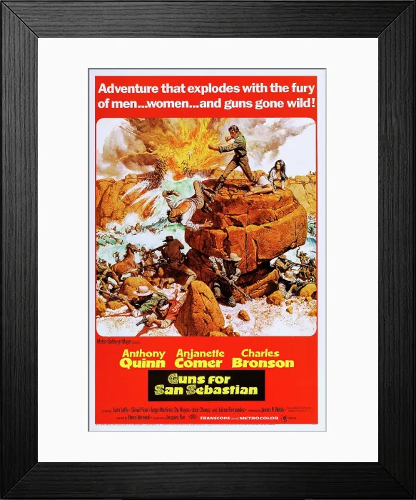 Framed Print : GUNS FOR SAN SEBASTIAN, l-r: Charles Bronson, Anthony Quinn, Anjanette Comer on poster art, 1968