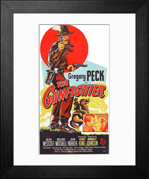 Framed Print : THE GUNFIGHTER, top: Gregory Peck, bottom l-r: Gregory Peck, Helen Westcott on standee poster art, 1950, TM and Copyright 20th Century Fox Film Corp