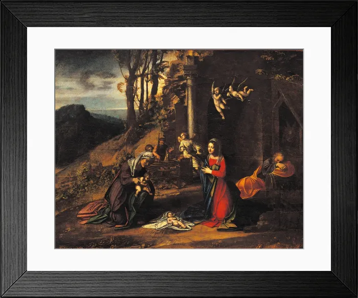 Framed Print : Nativity (Holy Night) with the Young St John and St Elizabeth, by Antonio Allegri known as Correggio, 1510 - 1515, 16th Century, oil on panel, cm 79 x 100 - Italy, Lombardy