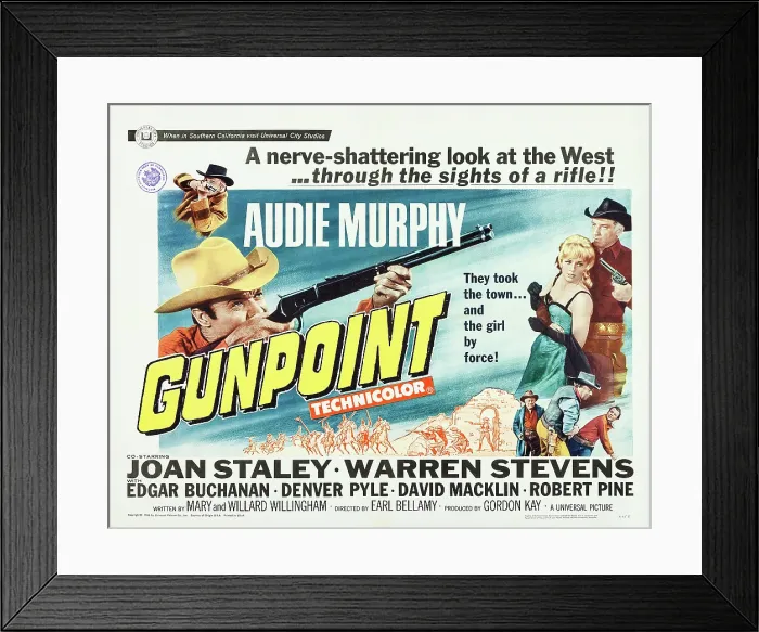 Framed Print : GUNPOINT, US lobbycard, center from left: Audie Murphy, Joan Staley, Warren Stevens, 1966